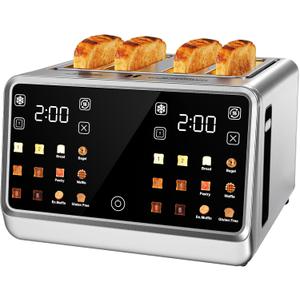 Smart Toaster 4 Slice with Dual Touchscreen & Independent Controls, 1800W Stainless Steel, Wide Slots for 6 Bread Types & Toast Settings,Single-Slice Modes, Defrost, Reheat
