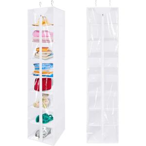 8 Tier Clear PVC Closet Hanging Organizer with Zipper, Foldable Hanging Closet Organizers and Storage, Hanging Clothes Storage Organizer, hanging shoe organizer, White Closet Shelves