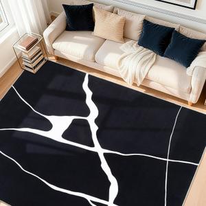 YIHOUSE Abstract Washable Rug 8x10,Ultra Thin Non Slip Black Rugs for Living Room,Modern Minimalist White Stripe Rugs for Bedroom,Dining Room Office Playroom(8'x10',Black-White)