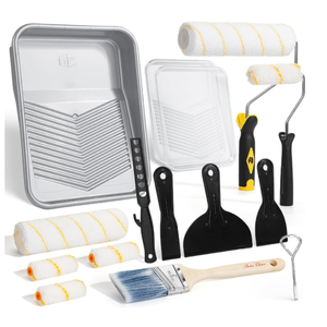Bates 9 Inch Paint Roller Kit, 17 pcs, Plastic Paint Tray, Clear Disposable Tray Liners, 4" & 9" Roller Frame, Roller Covers 4" & 9", Angle Brush, Plastic Scrappers, Can Opener and Stirring Rod