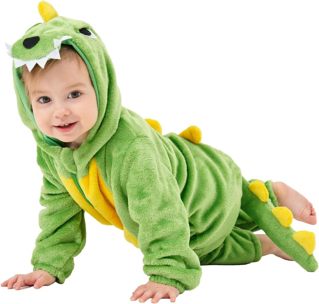 Unisex Baby Animal Costume Pajamas, Infant Flannel Hooded Halloween Romper Cosplay Costume/Homewear/Sleepwear (3-6 Months/Height:23"-26", Dinosaur)