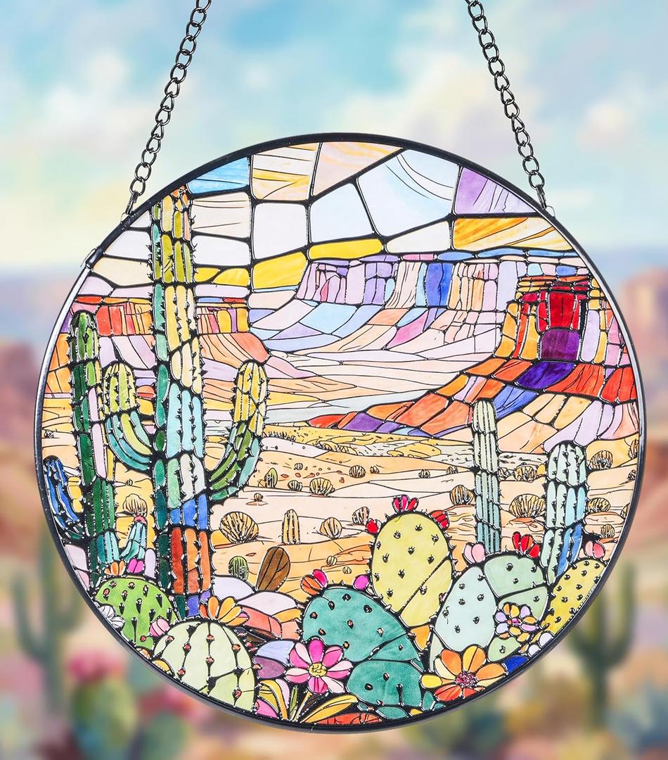 Stained Glass Window Hanging Suncatchers with Desert Cactus 12.6", Vibrant Glass Panel with Metal Chain for Home Decor Gift for Women Mother's Day, Birthday, Men, and Mom