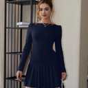 Women's Long Sleeve Mini Dress Sexy Boat Neck Pleated A-line Party Dresses (Blue, M)