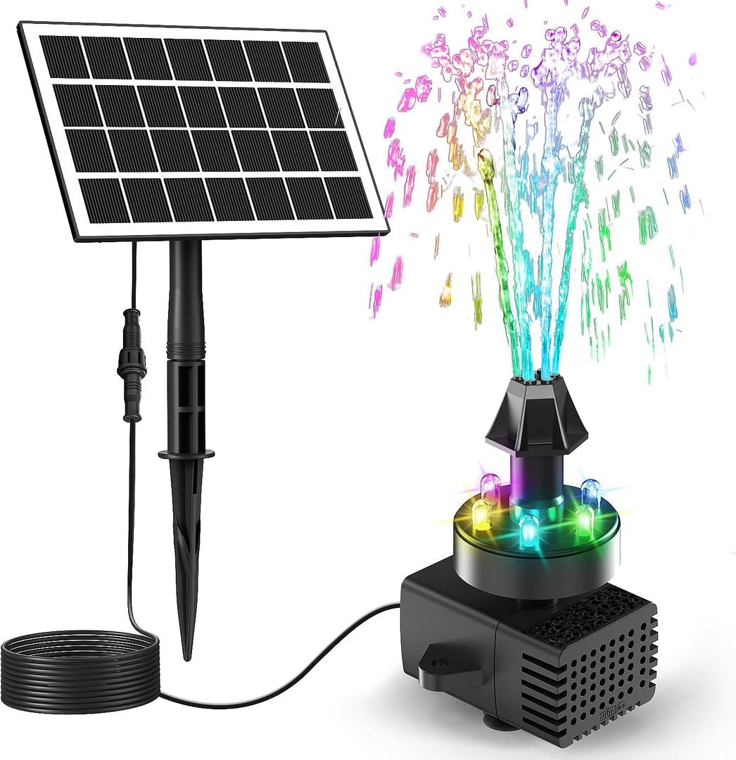 Jutai Solar Fountain Kit Colorful Lights,3.5W Glass Panel Solar Water Pump with 2000mAH Battery, Sucker & Stake for Bird Bath, Garden, Outdoor, Water Feature-16.4ft Power Cord,7 Nozzles