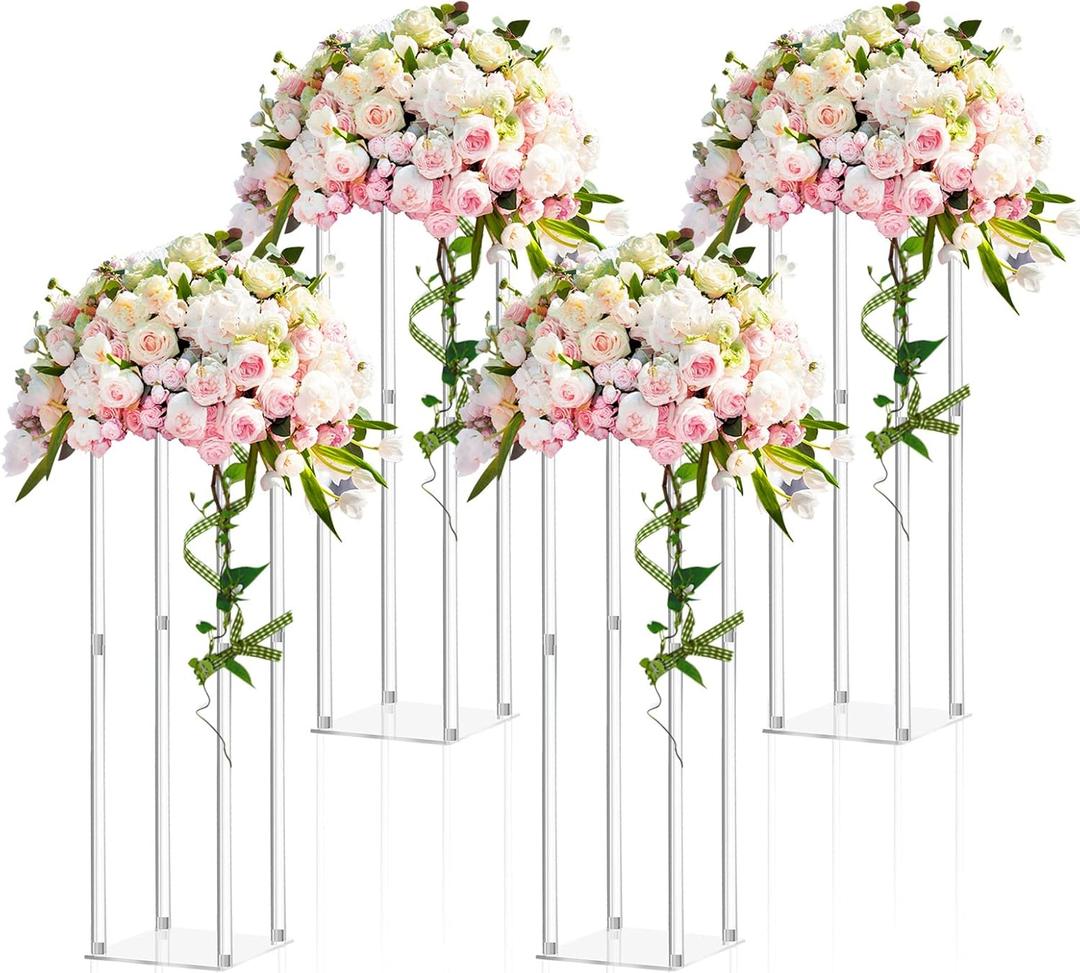 Geetery 4 Pieces 28 Inch Tall Acrylic Vase Wedding Centerpieces Clear Flower Stand Column Geometric Floral Vase Elegant Display Holder for Birthday Party Wedding Table Decorations