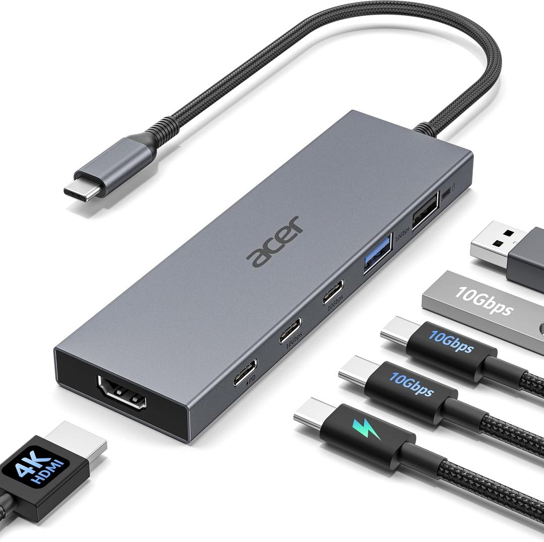 Acer 6-in-1 USB C Hub 10Gbps, USB C to HDMI Adapter 4K@60Hz, 2USB-C 3.2, 1USB A 3.2, 1USB 2.0 Data Transfer, 100W PD Port, Type C Multiport Splitter for Laptop, MacBook Neo/Air/Pro, iPad Pro