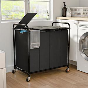 Laundry Sorter 4 Sections 48 Gal, Rolling Laundry Basket with Lockable Wheels and Lid, Laundry Hamper with 4 Separated Removable Bags Dirty Clothes Hamper for Laundry Room Organizer, Black