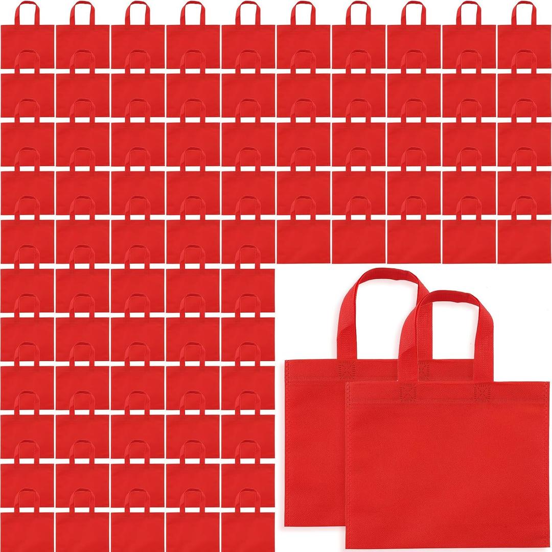 Amylove 80 Pack Non Woven Party Favor Bag 9.8'' Reusable Tote Bags Bulk with Handles for Birthday Party Supplies (Red)