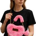 Faux Fur Evening Handbags Heart Shaped Clutches for Women Fluffy Shoulder Bags Metal Chain Strap (Pink)