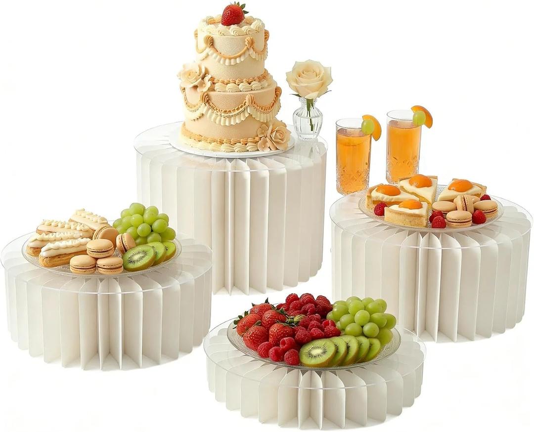 iobiotio Foldable Cake Stand Set, Reusable Buffet Risers, 4 Pack Round Dessert Stands with Acrylic Tops, Cardborad Display Stands for Weddings, Birthdays, Baby Showers, Parties, Home Decor, White