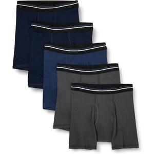 Amazon Essentials Men's Underwear Boxer Briefs, Comfortable Cotton, Tag-Free, Pack of 5 (Charcoal/Dark Blue/Dark Navy)