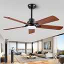 52" Lighted Ceiling Fan, Solid Wood Ceiling Fan, with Remote Control and DC Motor, 5 Blades, Suitable for Living Rooms, Bedrooms, Farmhouses, Hallways, Indoor and Outdoor Ceiling Fans - Black + Walnut