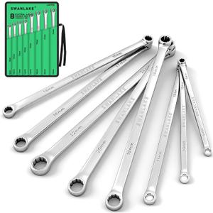 SWANLAKE GARDEN TOOLS 8-Piece Extra Long Double Box-End Wrench Set, Premium 12-Point Metric 824 mm, CR-V Steel, 15 Offset, Off-Corner Loading, with Tool Roll Bag