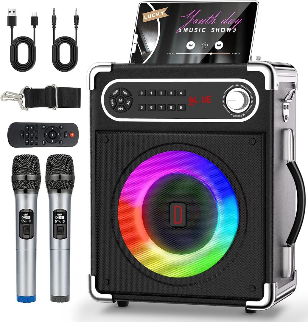 Karaoke Machine, Portable Bluetooth Speaker with 2 Wireless Microphones for Adults & Kids, PA System with Remote Control, LED Lights, Support USB/TF/REC/FM/AUX/TWS for Party Home System Packages