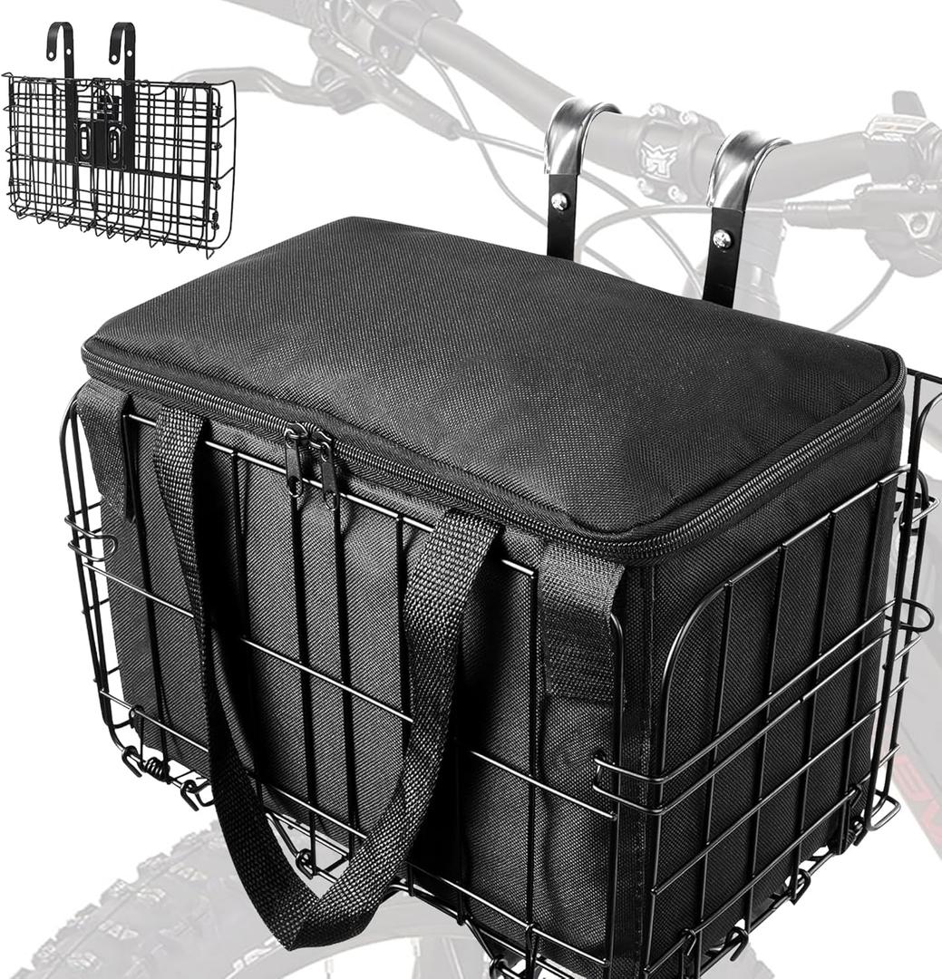 Bike Basket Front Folding Bicycle Basket with Removable Liner Bag, Quick Release Design Metal Ebike Basket for Adult Women/Men Carrying Dogs, Pets, Fruit & Grocery