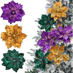 6 Pcs 8'' Mardi Gras Flowers Mardi Gras Throws Purple Beaded Magnolia Velvet Flower Purple Green Gold Floral Table Decorations Velvet Centerpieces for Carnival Party Supplies DIY Decor