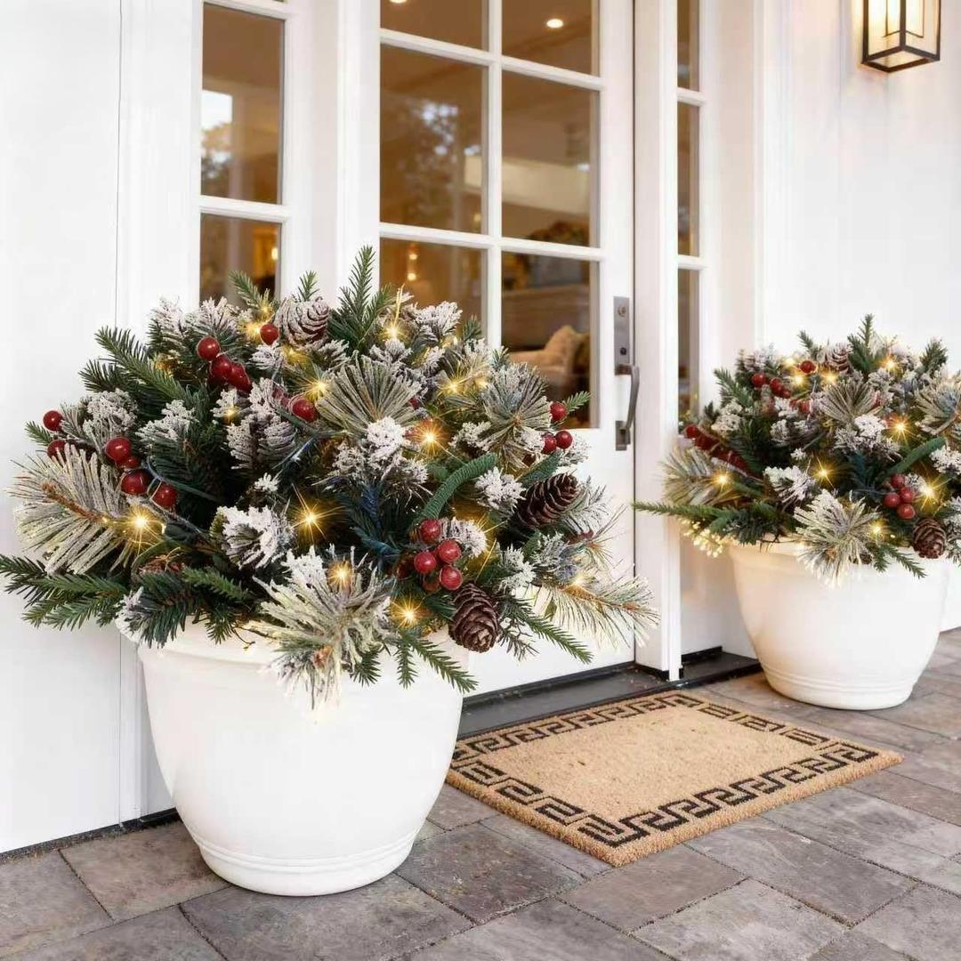 Christmas Planter Filler with Lights, Pre-Lit Faux Holiday Planters Battery Operated Christmas Pot Filler with Multi-Color LED Lights for Outdoor Porch & Pathway, Set of 2 Christmas Decor