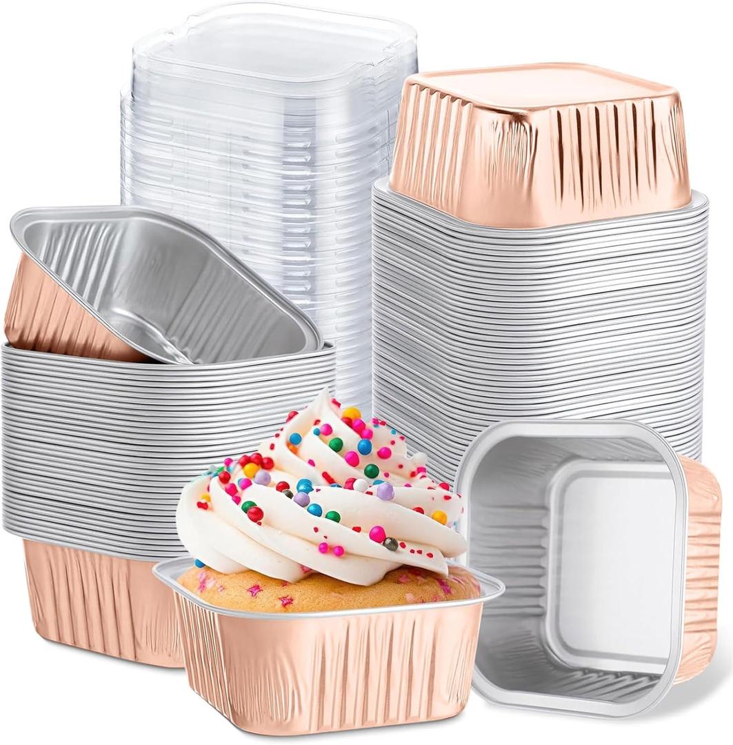 Skylety 100 Pcs 5 oz Mini Square Baking Pan with Lid Aluminum Foil Cupcake Pan Brownie Baking Cup Disposable Ramekins Individual Tin Dessert Containers for Kitchen, Food Grade Material(Champagne)