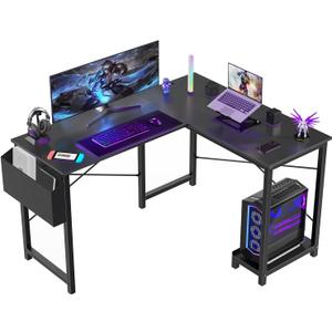 Sweetcrispy L Shaped Desk - Computer Gaming Corner Desk | PC Table Organizer with CPU Stand Side Bag for Home Office Dorm Sturdy, Writing Workstation, Black, 50-Inch
