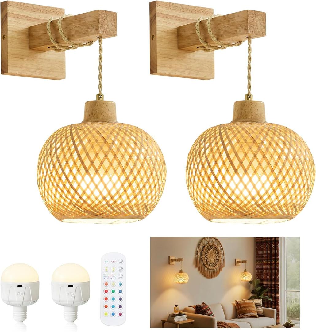 Bamboo Battery Operated Wall Sconces Set of 2, Rechargeable Rattan Cordless Battery Powered Wall Lights/Lamps with Remote, Woven Boho Wireless Decor Lighting Fixture for Living Room Bedroom (Wood)