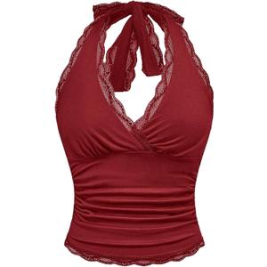 WDIRARA Women's Leopard Print Ruched Halter Crop Tops V Neck Tie Back Sleeveless Slim Fit Cami Tops (Large, Burgundy Lace)