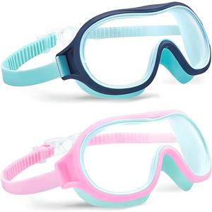 Aegend 2 Pack Swim goggles for Kids 3-15, Anti-Fog Anti-UV Wide Vision Waterproof, No leak Swimming goggles for Boys Girls (Pink-cyan & Cyan-blue)