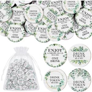 200 Pcs Wooden Wedding Drink Tokens Bulk Eucalyptus Free Drink Tickets with Organza Bags Enjoy Personalised Mr and Mrs Tokens for Wedding Guest Reception Bridal Shower Party(Classical)