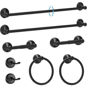 Newfun 8-Pieces 24 Inch Matte Black Bathroom Hardware Set, Bathroom Accessory Set, Includes 24" Adjustable Bath Towel Bar, Towel Rings Wall Mounted, Toilet Paper Holder, Robe Towel Hooks