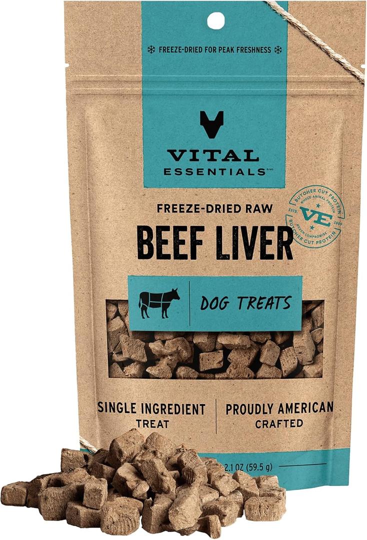 Vital Essentials Freeze Dried Dog Treats | Beef Liver, Single Ingredient | Premium Quality | Grain Free Training Treats for Dogs, 2.1 oz Bag