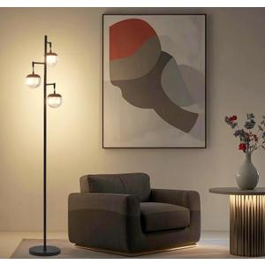 Fiqevs Mid Century Modern Floor Lamp with LED Bulbs, 3 Globe Standing Lamp with 3 Ribbed Clear Orb Shades, Black Tall Lamp for Living Room Bedroom Office