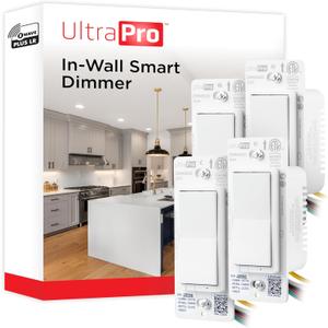 UltraPro Z-Wave Plus Long Range in-Wall Smart Dimmer for Smart Home Automation, 4 Pack, Plastic Yoke, Flying Leads, Single-Pole/3-Way, Hub Required, 76607