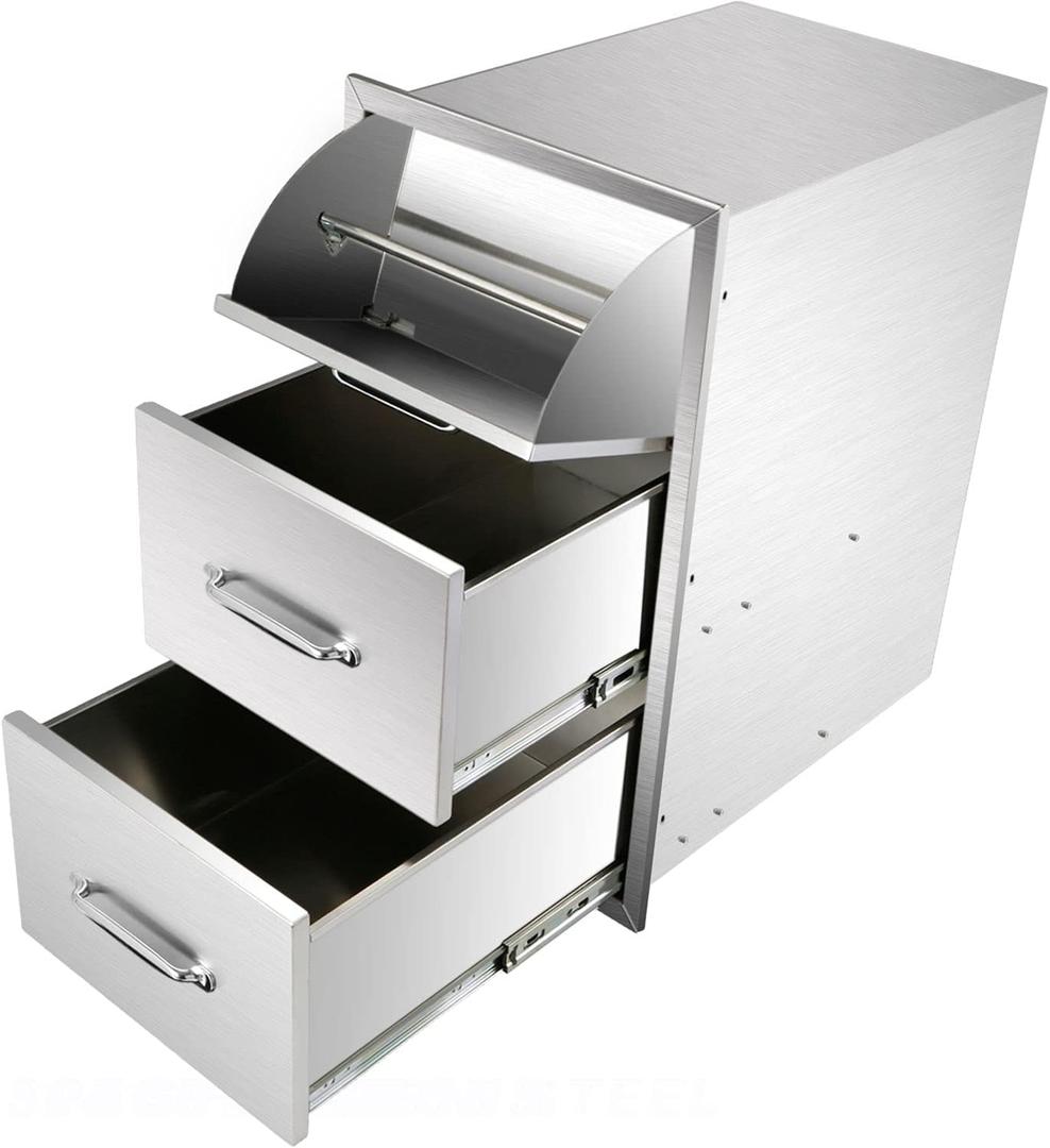 Ryan Outdoor Kitchen Drawers Stainless 17x30x21 Inch, 3-Tier Stainless Steel BBQ, Triple Access Drawers with Handle for BBQ Island Outdoor Kitchen