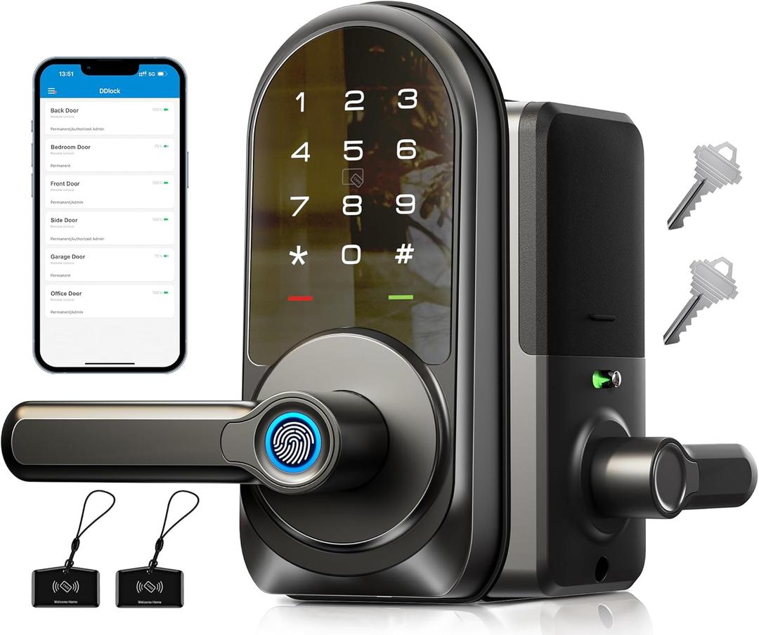 Veise RZ09 Smart Lock, 7-in-1 Keyless Entry with Handle Set, APP Control Fingerprint Deadbolt for Front Door, Electronic Digital Locks with Keypad, Matte Black