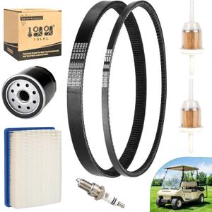 10L0L Golf Cart DS Tune Up Kit W/Clutch Drive & Generator Belt for Club Car DS Gas 1992-2004 Golf Cart with FE290, FE350 Kawasaki, Air & Oil Fuel Filters Spark Plug, Replaces OEM 1025582, 101916701