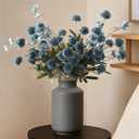 HyeFlora Fake Kiku Flowers, Faux Silk Pompon Mums Artificial Flowers, Chrysanthemum Stems Floral Arrangement Dried Flowers Vintage Decorative Indoor Home Decor Blue with Wax (Vase not Included)