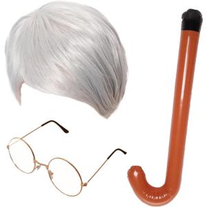 3Pcs Old Man Costume Accessories Grandpa Silver Wig with Glasses Inflatable Crutch for Men 100th Day