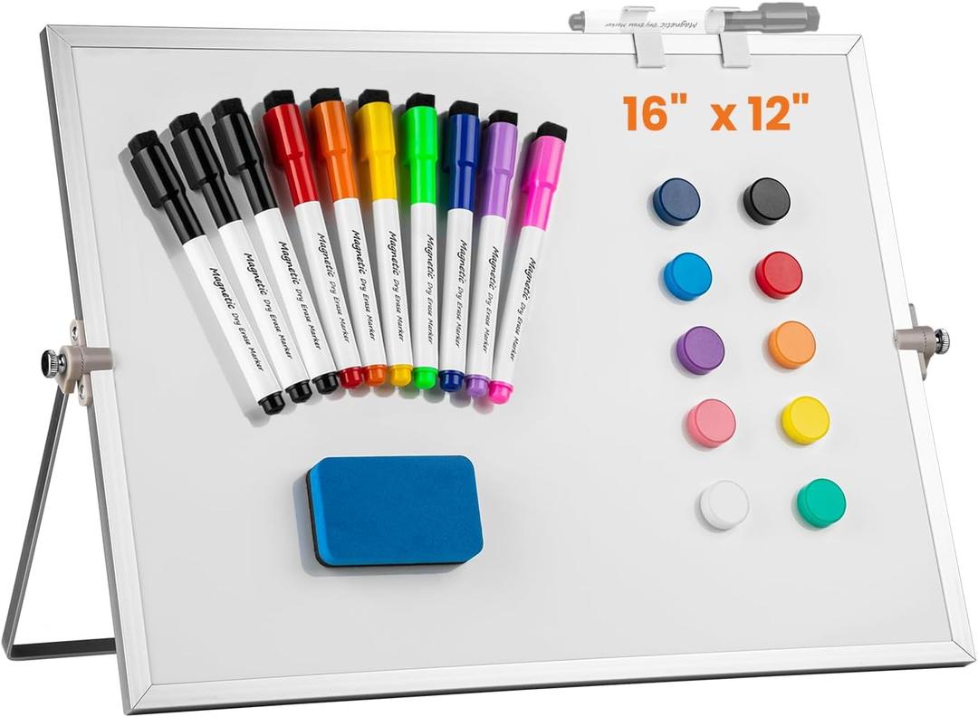 Dry Erase White Board, 16 x 12 inch Double-Sided Desktop Whiteboard with Stand, 10 Markers, 10 Magnets and 1 Eraser, Portable Double-Sided Dry Erase Board for Drawing, School, Office and List Wall