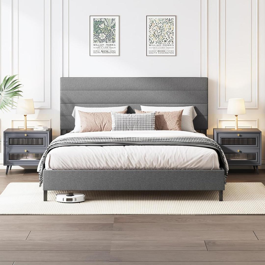 Queen Bed Frame, Modern Upholstered Bed Frame with Adjustable Linen Headboard, Wooden Slats Support Platform Queen Size Bed Frames, No Box Spring Needed,Easy Assembly,Dark Grey