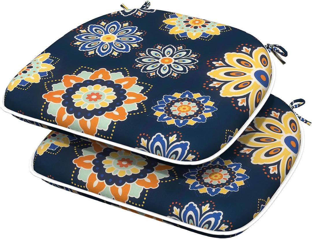 Outdoor/Indoor Chair Cushions with Ties, Waterproof All Weather Seat Cushions for Patio Furniture Home Garden Chair, Set of 2, 16x17 Inch, Bloom Medallion Cobalt