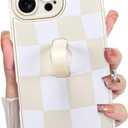 KANGHAR Compatible with iPhone 16 Pro Max Case, Silicone Checkered Cute Pattern, Wristband Kickstand Camera Protection Soft Slim Cover for Girls Women -White