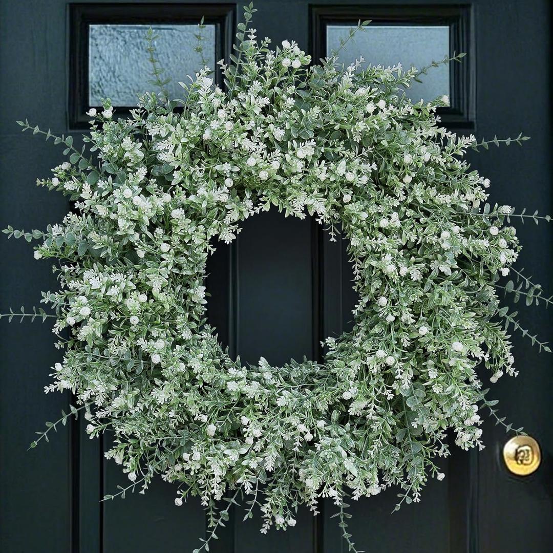 26'' Large Eucalyptus Wreath for Front Door, Porch- Artificial Eucalyptus and Lavender with Babys Breath Flowers Wreath for Home, Farmhouse Wall Decor- Spring, Summer, Fall, All Seasons (White-Green)