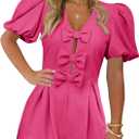 Cicy Bell Womens Cute Rompers Bow Front Puff Sleeve V Neck Short Jumpsuits Sexy Summer Outfits with Pockets (Pink, L)
