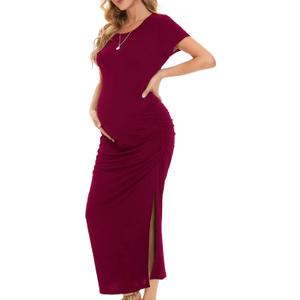 Smallshow Women's Split Long Maternity Dress Short Sleeve Ruched Pregnancy Clothes (Medium, Maroon)