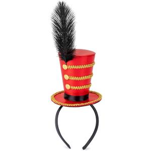 Dress Up America Ringmaster Hat for Girls  Mini Red Top Hat Headband with Feather & Gold Accents  Circus Costume Accessory
