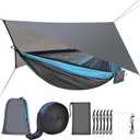 Camping Hammock with Mosquito Net Rain Fly Heavy Duty Tree Strap Nylon Parachute Single Double Hammock Tent Waterproof Rainfly Set for Camping Backpacking Backyard Patio Hiking Travel Outdoor (Blue)