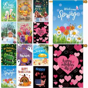 CDLong Seasonal Garden Flag Set of 12 - Double Sided 28 x 40 Inch Large Yard Flags, Outdoor Holiday Decorations for All Seasons, Christmas, Spring, Summer, and Fall - Big House Flags for Outside Decor