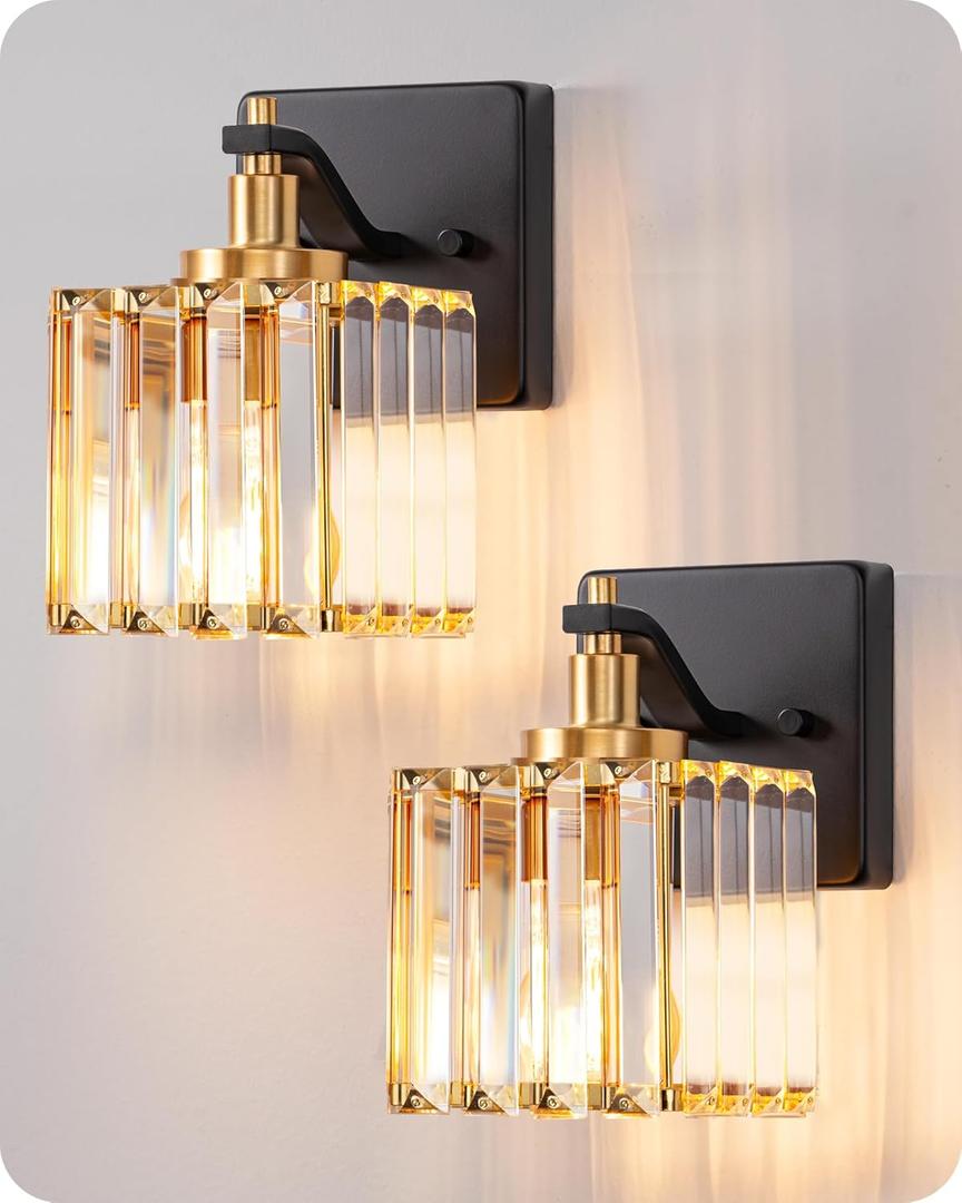 EDISHINE Wall Sconces Set of Two, Bathroom Light Fixtures with Crystal Shade, Modern Vanity Lights, Black Gold Lighting Fixtures Over Mirror, Indoor Wall Lamp, E26 Base