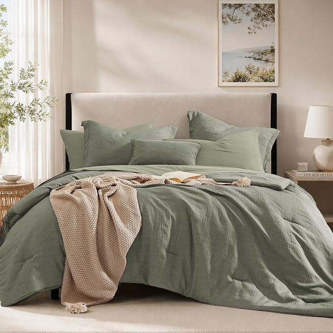 Geniospin Olive Green Queen Comforter Set - 7 Pieces Comforter Queen Size, Solid Bedding Set for All Season, Textured Bed in a Bag with Sheets 