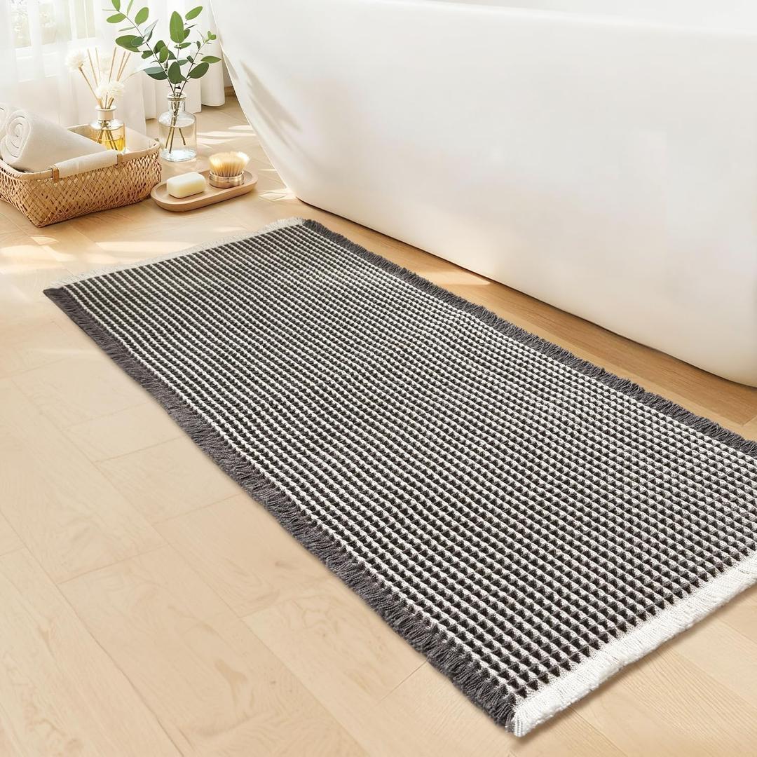 Waffle Runner Bath Mat - Long Boho Bathroom Rugs Non Slip Washable, Super Absorbent & Quick Dry, Soft Bath Mat Farmhouse Bathroom Decor, 24'' x 60'', Dark Grey and White