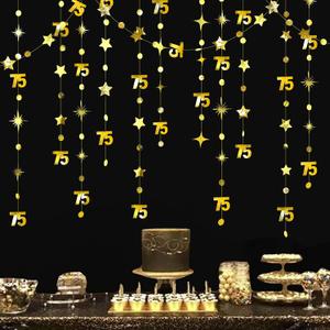 Gold 75th Birthday Decorations Number 75 Circle Dot Twinkle Star Garland Metallic Hanging Streamer Bunting Banner Backdrop for 75 Year Old Birthday Happy 75th Anniversary Seventy Five Party Supplies